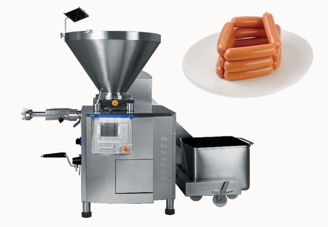 Запуск вакуумного колбасного шприца GZY3600 с перекрутчиком и загрузчиком