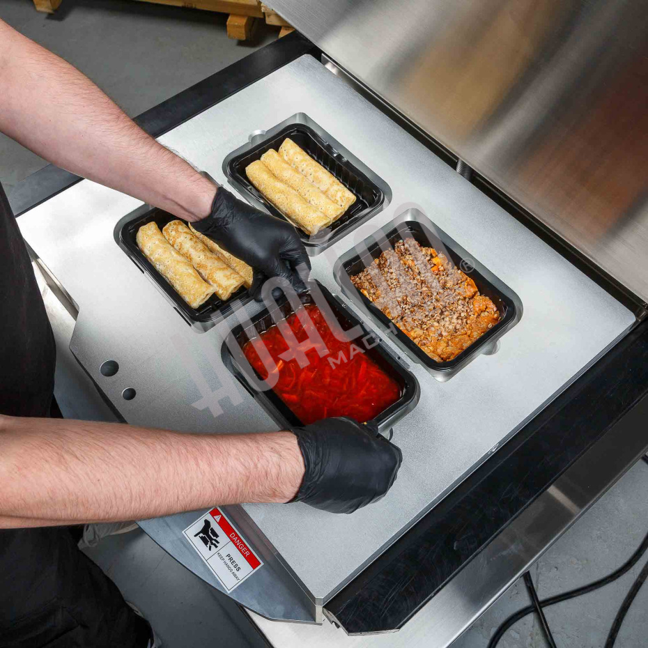 Полуавтоматический запайщик лотков ротационного типа (4 лотка,187*137*120) HVT-450R (нерж.) Hualian - Купить с доставкой по всей России - 13