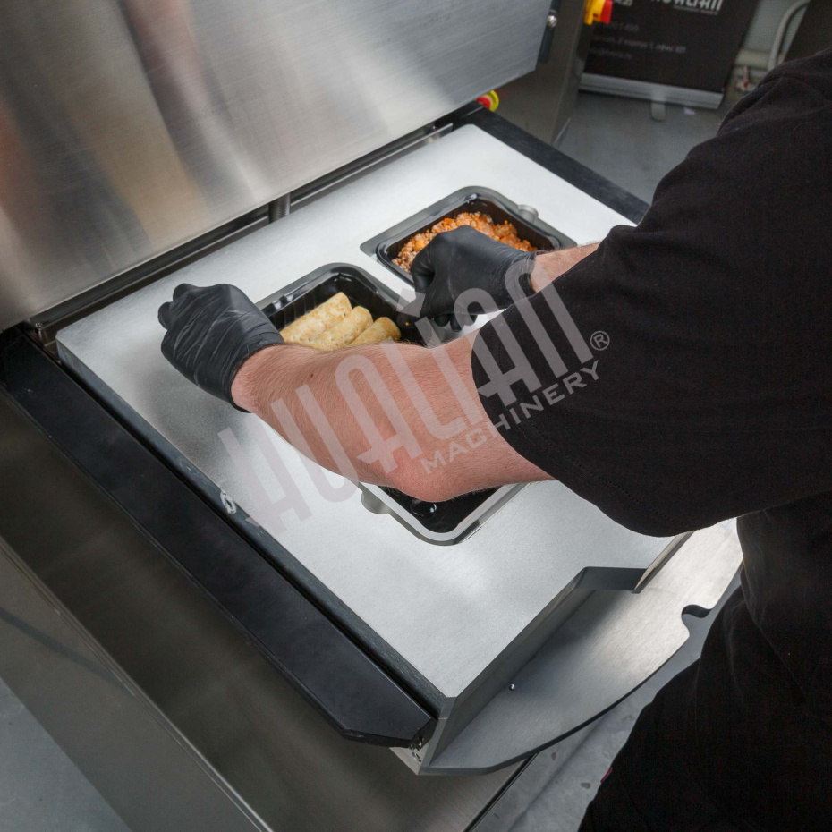 Полуавтоматический запайщик лотков ротационного типа (4 лотка,187*137*120) HVT-450R (нерж.) Hualian - Купить с доставкой по всей России - 11